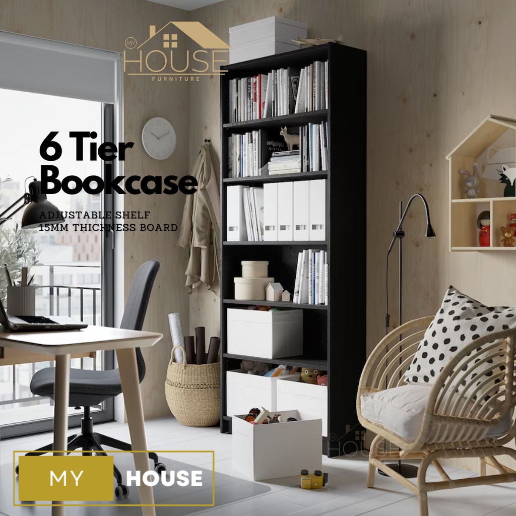 MYHOUSE Furniture 6 Tier Billy Ikea Bookshelf Rak Buku Tinggi Almari Buku Kabinet 6 Layer Black White Bookcase File Rack