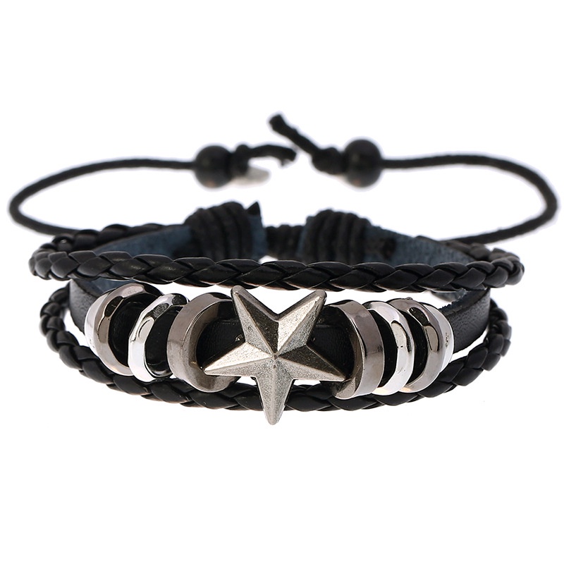 Five-pointed Star Beaded Cowhide Bracelet Unique Braided Student Jewelry Adjustable Leather