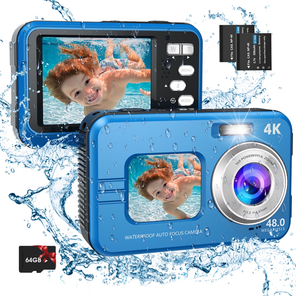 Underwater Cameras, 4K Autofocus Waterproof Digital Camera, 48MP 10FT Underwater Camera with Selfie Dual Screens, 16X Digital Zoom Fill Light Portable Waterproof Camera for Snorkel