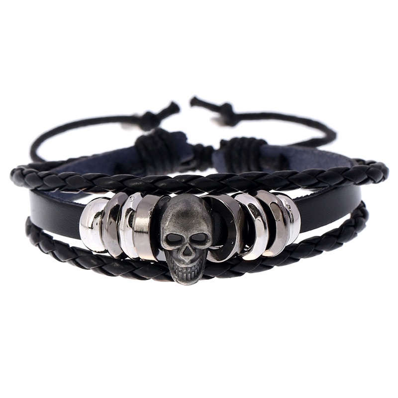 European American Jewelry Unique Beaded Skull Men's Leather Bracelet Accessories