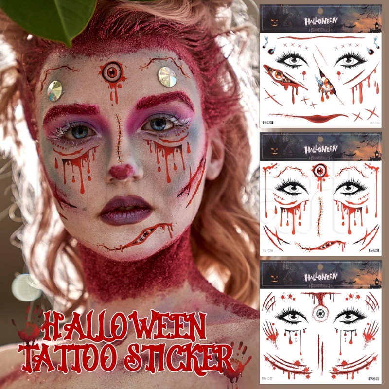 Halloween Horror Bloody Face Patch/ Painless Water Transfer Printing PET Tattoo Sticker/ Waterproof Scar Tattoo Makeup Sticker/ Ghost Festival Simulation Facial Fake Wound Sticker