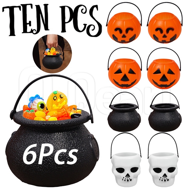 6Pcs Halloween Candy Snack Trick or Treat Buckets / Halloween Easter Party Decor Supplies / Portable Plastic Candy Holder Kids Toy / Mini Pumpkin Skull Shape Hanging Basket