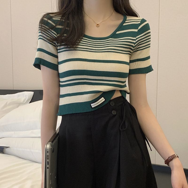 T-shirt 条纹短袖针织T恤女正肩设计感小众宽松显瘦u领冰丝短款上衣23.4.14