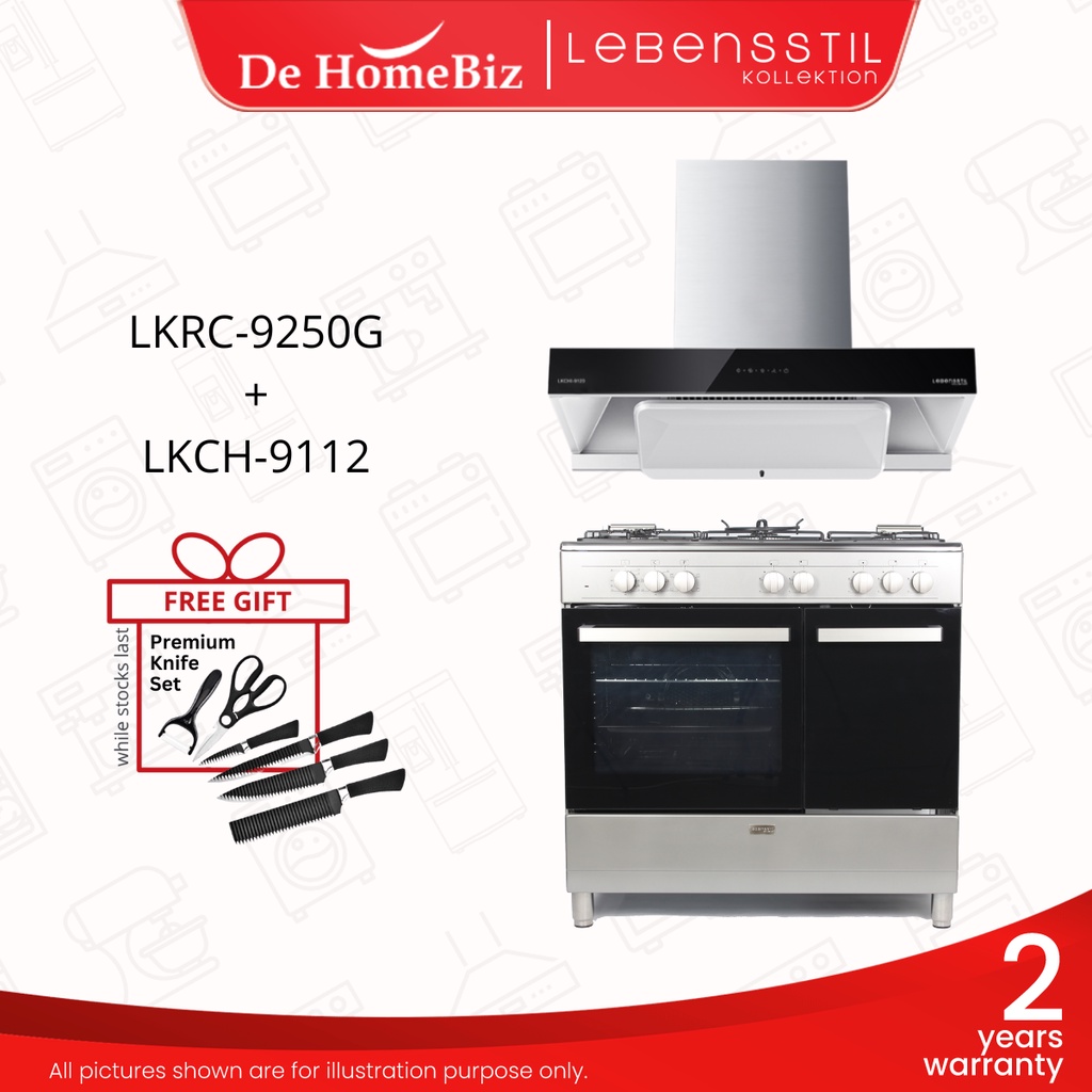 LEBENSSTIL KOLLEKTION LKRC-9250G 5 Gas Burner Range Cooker with Oven 90cm & LKCH-9112 Self Cleaning Cooker Hood 1,600m/h