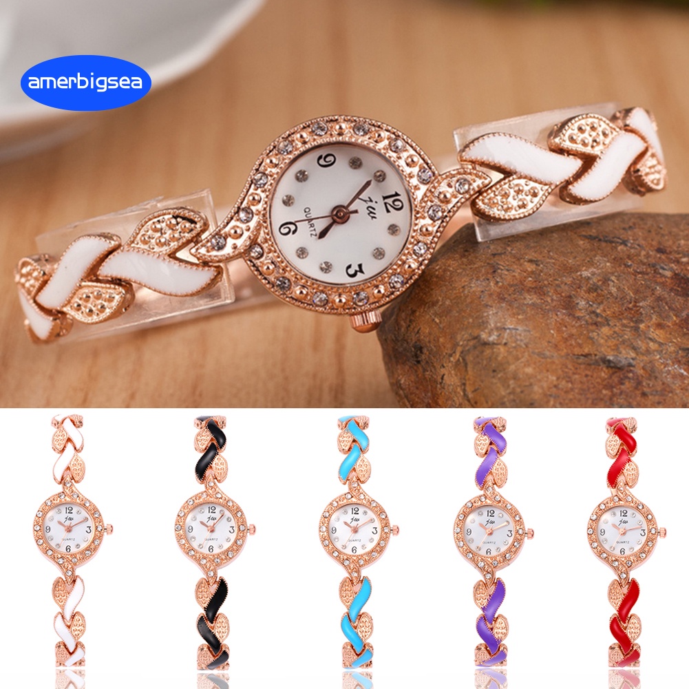 Amerbigsea Fashion Women Rhinestone Round Dial Leaf Linked Thin Strap Quartz Wrist Watch