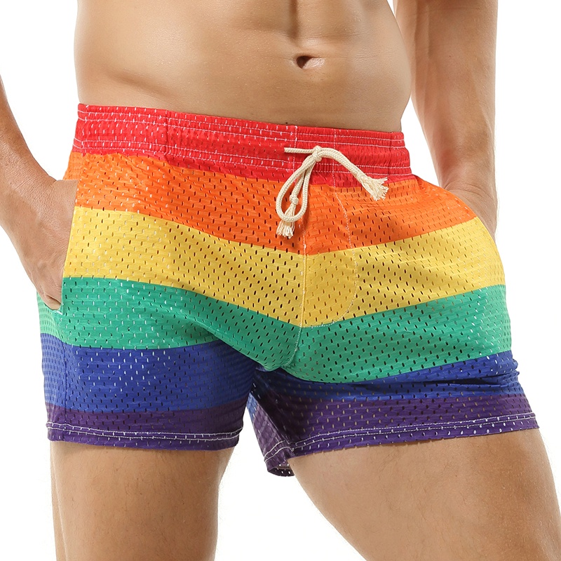 Men's Rainbow Striped Casual Swimwear Sports Shorts Fashion Men Mesh Breathable Board Shorts