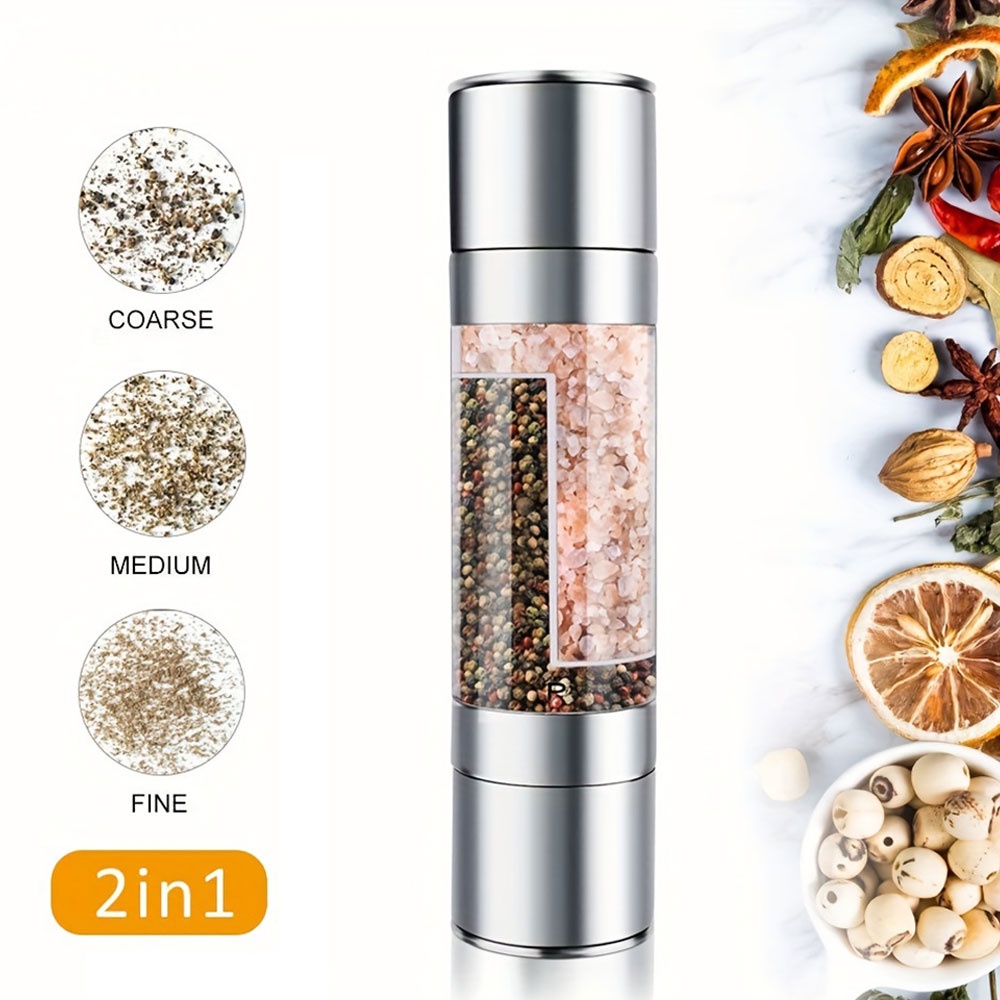 2 in 1 Manual Stainless Steel Refillable Salt Pepper Mill Herb Spice Grinder Shakers with Ceramic Rotor