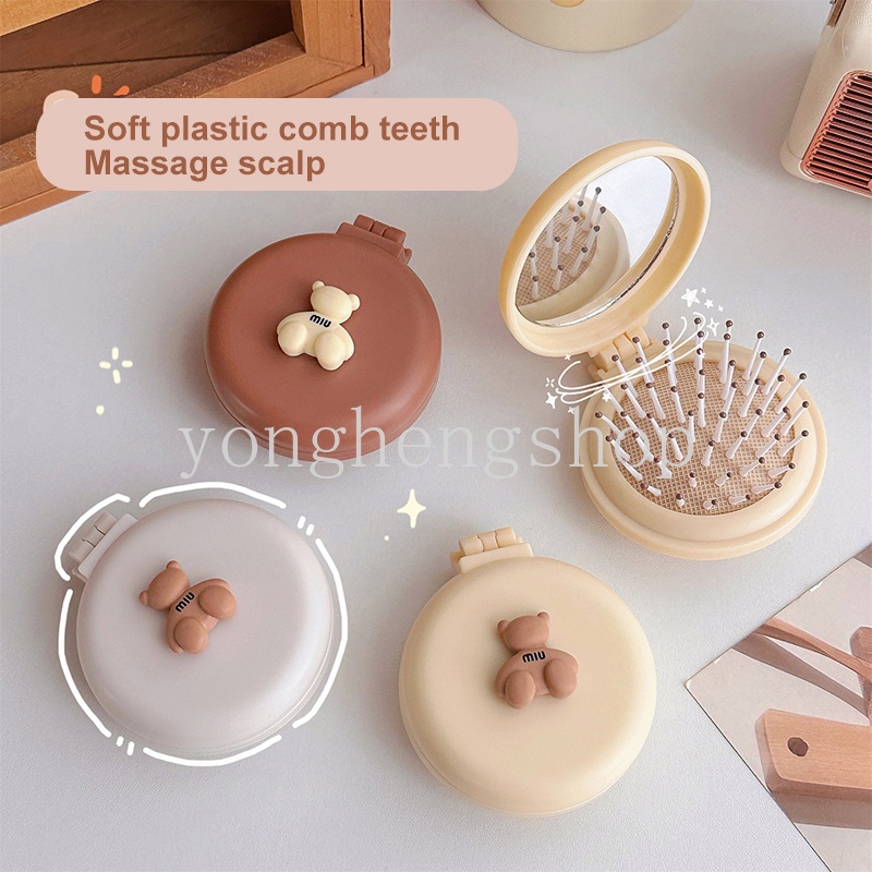 Cartoon Foldable Air Bag Comb Cute Mini Bear Travel Portable Massage Comb with Mirror Girl Hair Brush Anti Static Air Cushion Hair Combs Styling Tool Kids Gift