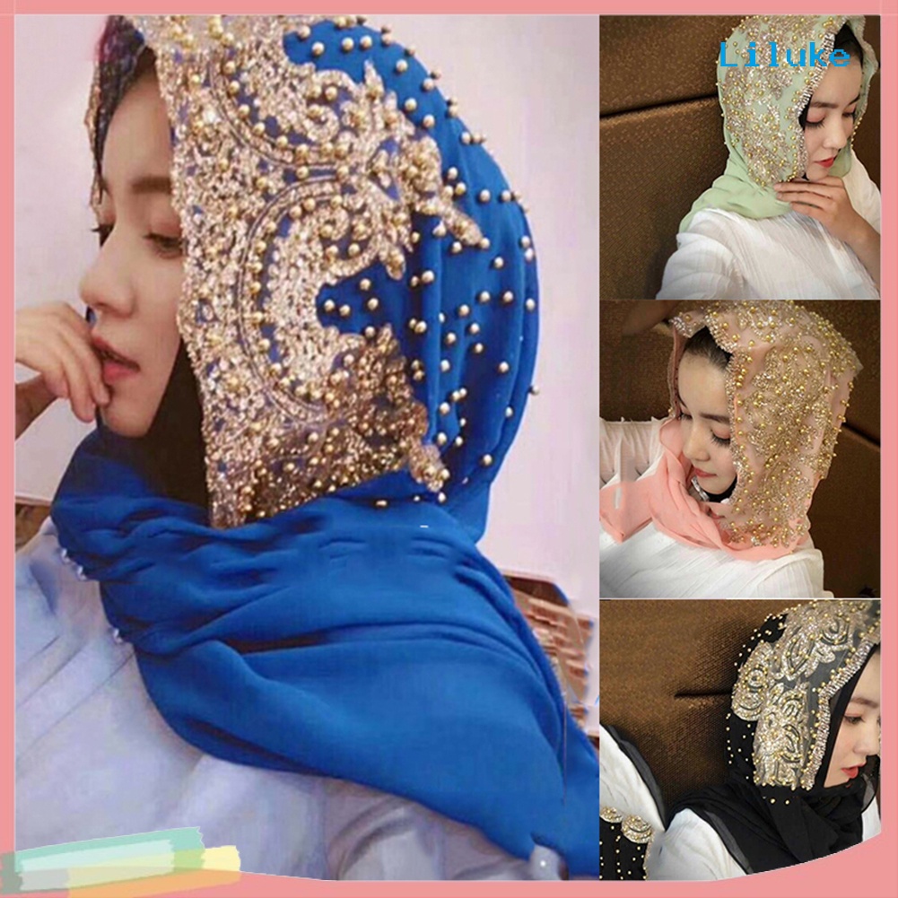 [LK] Fashion Women Bead Decor Islam Muslim Ramadan Hijab Wrap Shawl Scarf Accessory