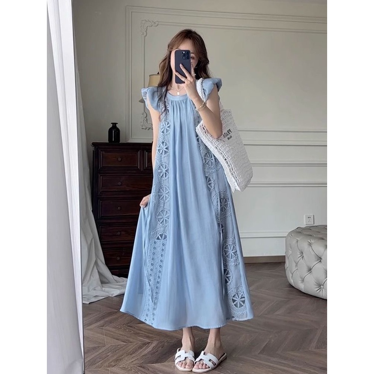 French Retro Summer Gentle New Product Embroidered Small Flying Sleeve French Narrow Waist Dopamine Blue Designer Dress