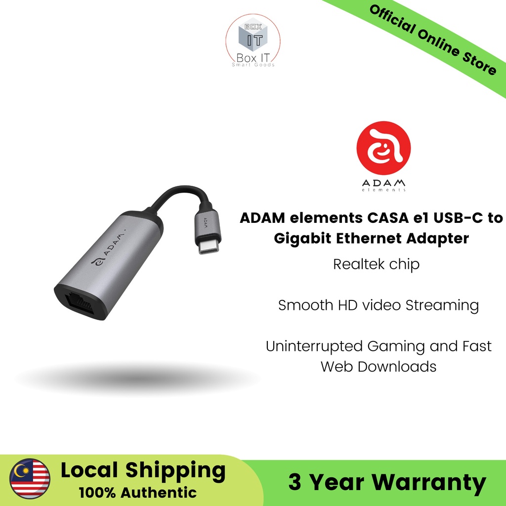 ADAM elements CASA e1 USB-C to Gigabit Ethernet Adapter Smooth HD video Streaming | Fast Web Downloads