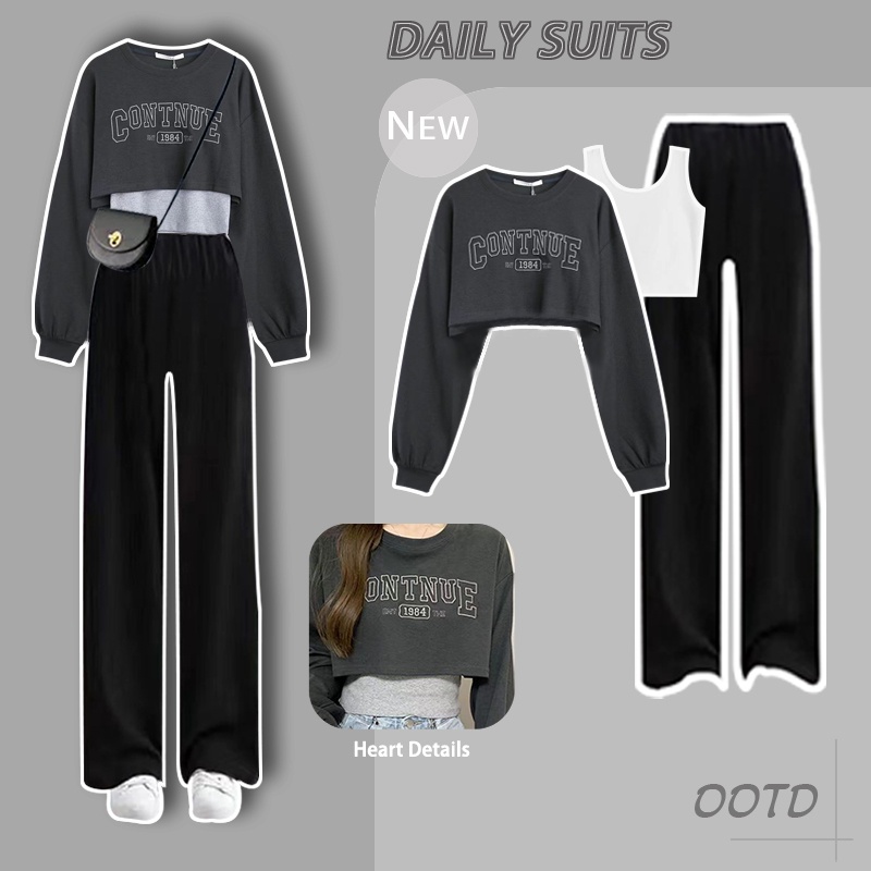 3PCS/Single Korean Style Outfits for Women Shirt Long Sleeve Short Type Crop Top Wide Legged Stretchable Waist Pants Females Students Clothing