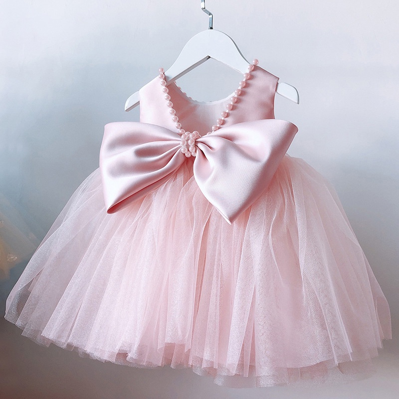 Baby Girl Dress Pearls Kids Dresses Big Bow Backless 1st Birthday Party Dress Infant Baby Girl Princess Tulle Gown Baptism Dress Flower Girl Dresses for Wedding 1-5Years