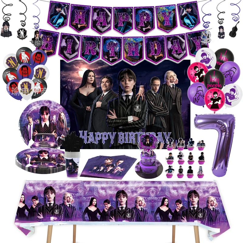 Jom Party Tema Black Wednesday Addams Birthday Decoration Tableware Supplies Cup Tablecloth Balloon Cake Backdrop