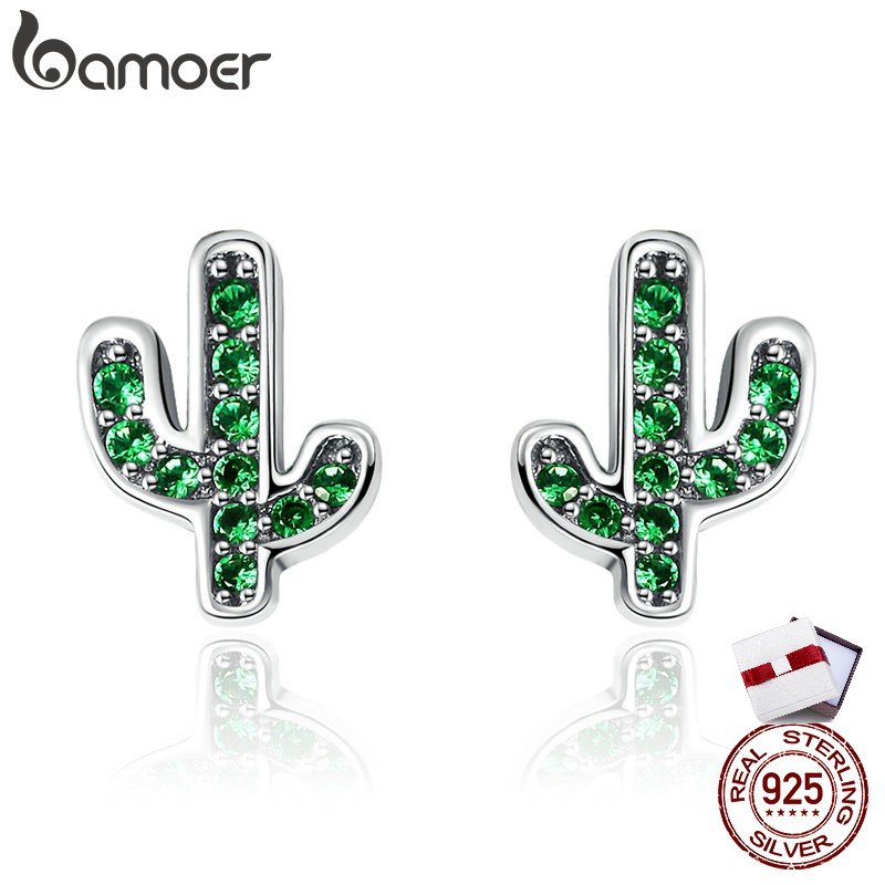 Bamoer 925 Sterling Silver Green Cactus Crystal Stud Earrings