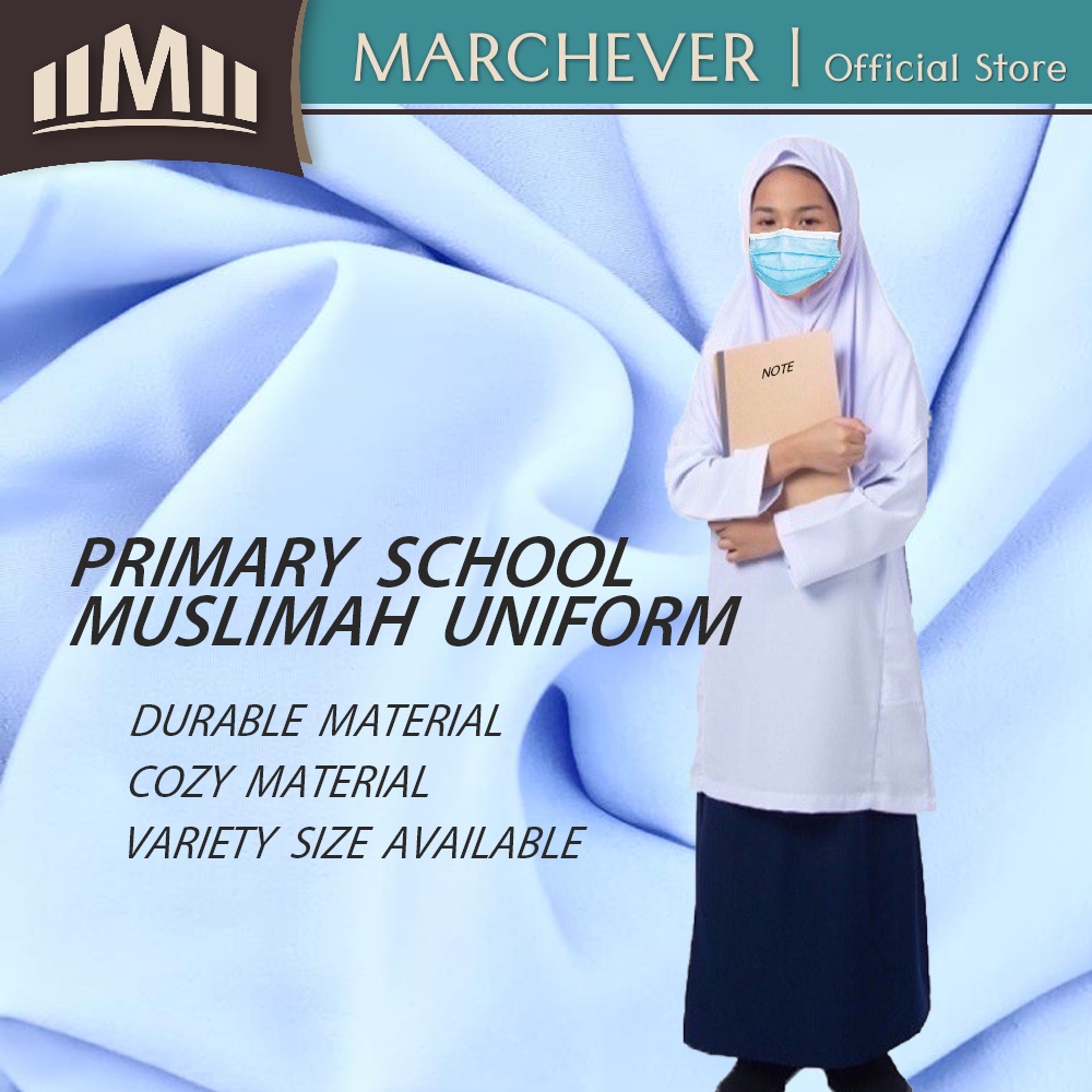 School Uniform - Baju Kurung Sekolah Rendah Putih / Kain Kurung Sekolah Biru Gelap Licin