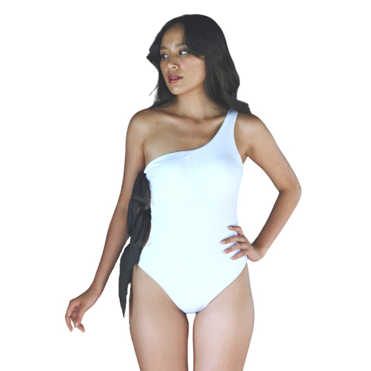 Peyton Monochrome Toga One Shoulder Side Tie Ribbon Swimsuit in White