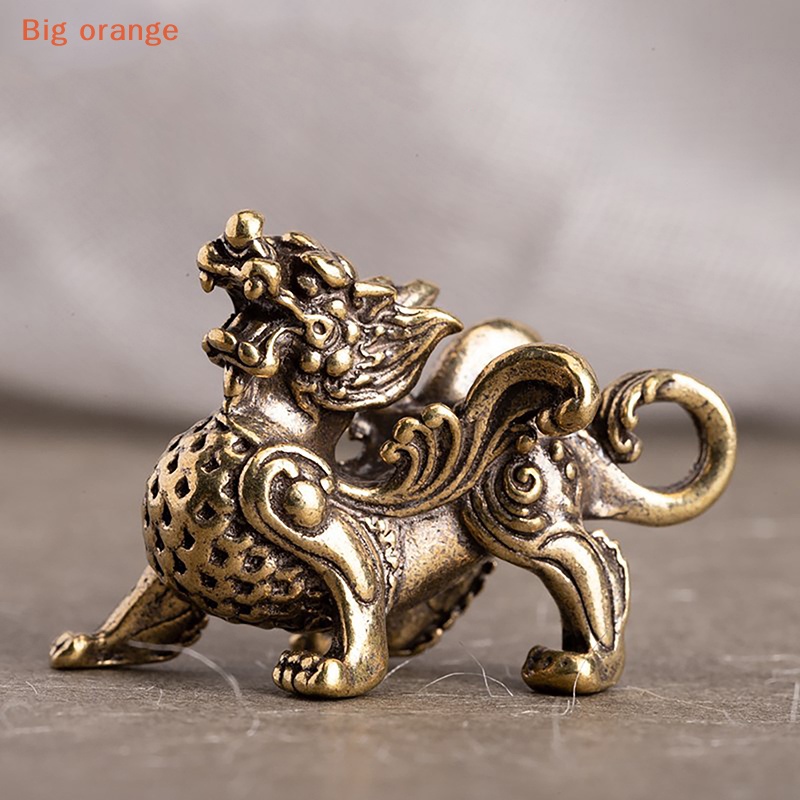 [Big orange] 1PC Statue Figurine Wealth Brass Decor Prosperity Chinese Style Ornament Qilin Dragon Luck Animal Fengshui Vintage