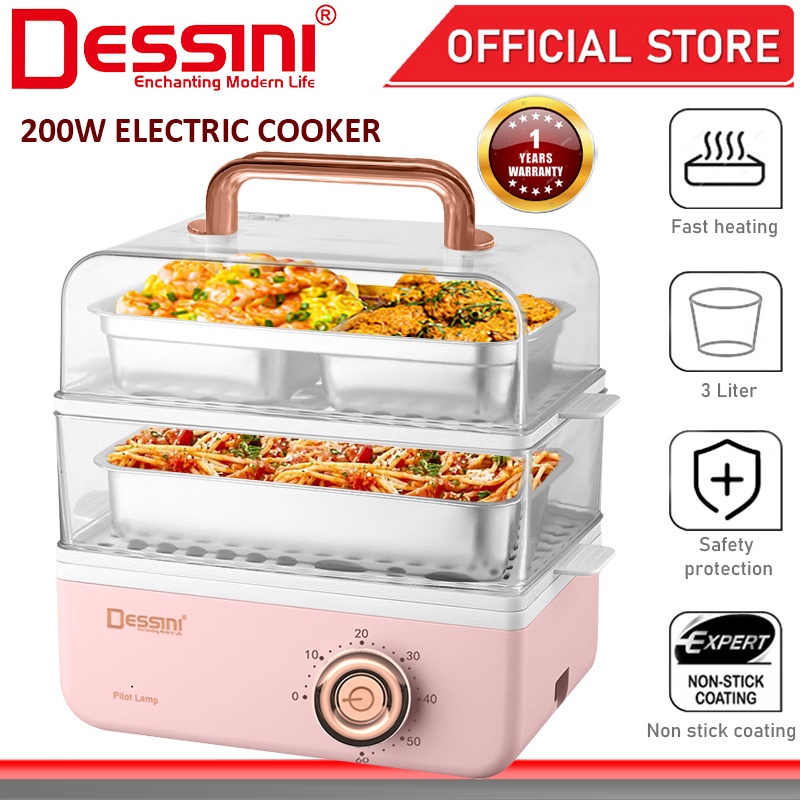 DESSINI ITALY Electric Steamer Warmer Rice Cooker Non Stick Stainless Steel Inner Pot Periuk Kukus Nasi Elektrik (3L)