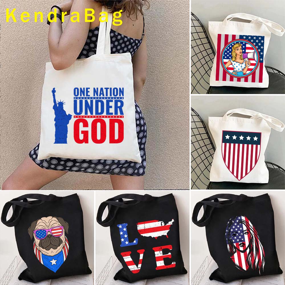 【In stock】USA Arms of United States American Flag Girl Women Patriotic Eagle 4th July Statue of liberty Brooklyn Bridge Totes Bag Handbags