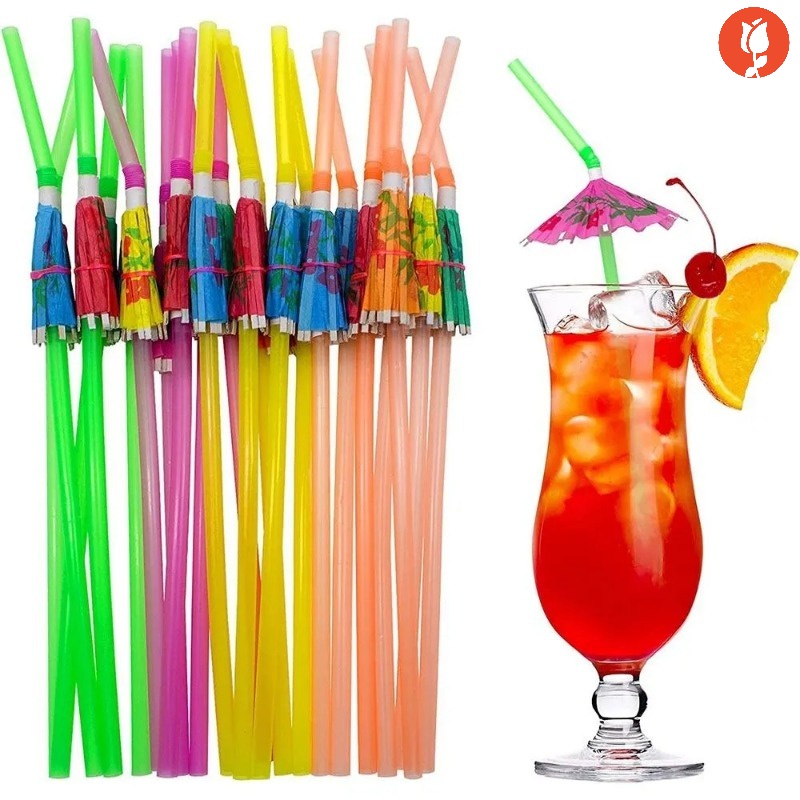 50pcs Tropical Umbrella Cocktail Straws / Plastic Juice Drinking Umbrella Straw for Hawaii Beach Party Decor