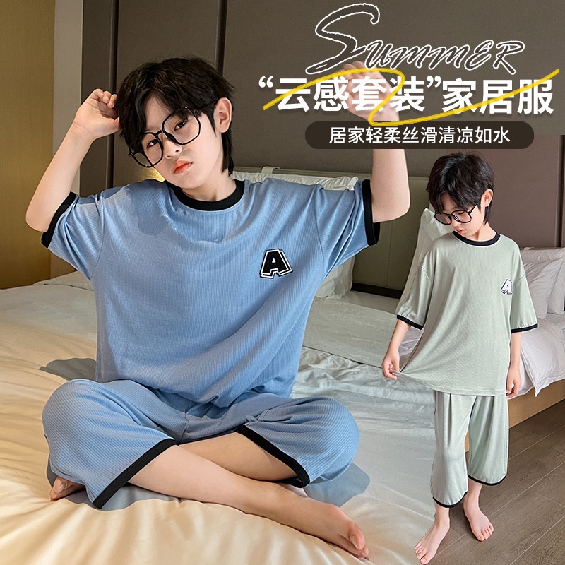 [JOY] Ice Silk Loungewear Medium Large Children Summer Pajamas Set Boys Casual Comfortable Pajamas Two-Piece Set Children Air Conditioning