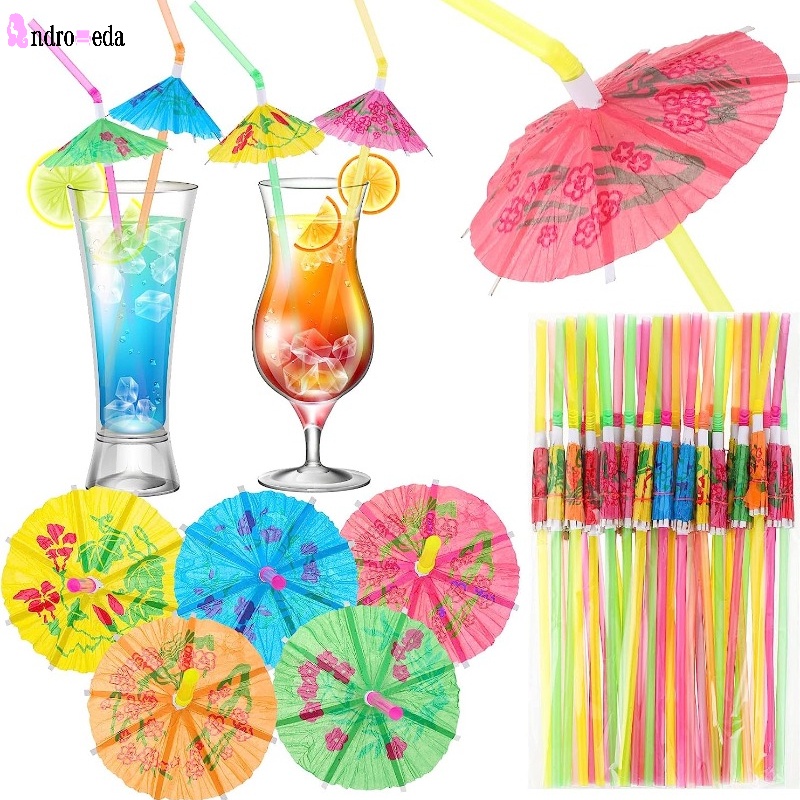 10/50Pcs Disposable Straws Rainbow Umbrella Fruit Straws Tropical Drinks for Cocktail Soft Drinks Hawaiian Party Table Decor