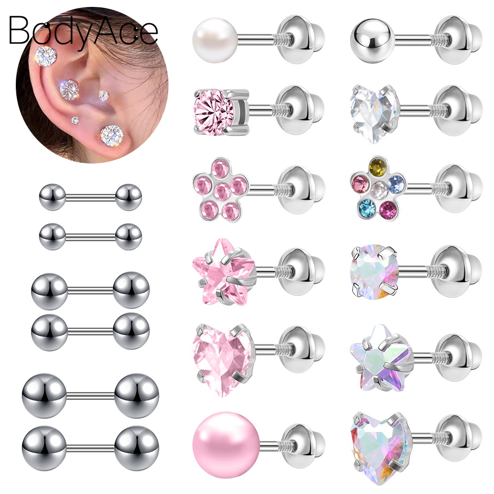 Bodyace 1 PC 3-8mm Crystal Screw Flat Back Earrings Stainless Steel Cartilage Stud Earrings Flower Star Heart Ear Stud