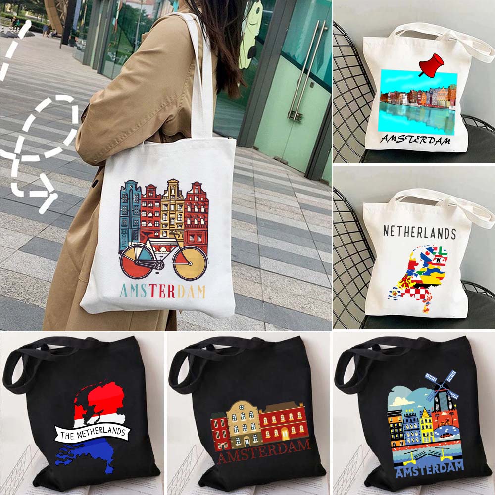 Amsterdam Netherlands Emblem Dutch Flag Map Skyline Landmark Heart Travel Souvenir Girl Shopping Canvas Tote Bag Shopper Handbag