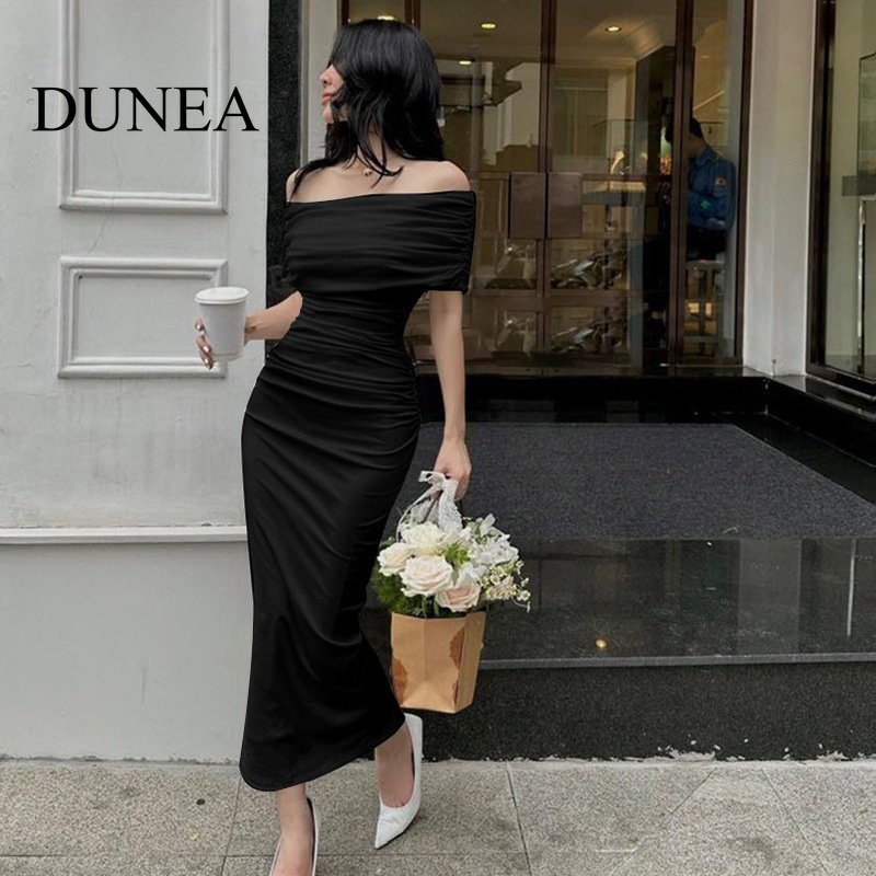 DUNEA Women Elegant Off Shoulder Pleated Split Maxi Bodycon Dress plus size