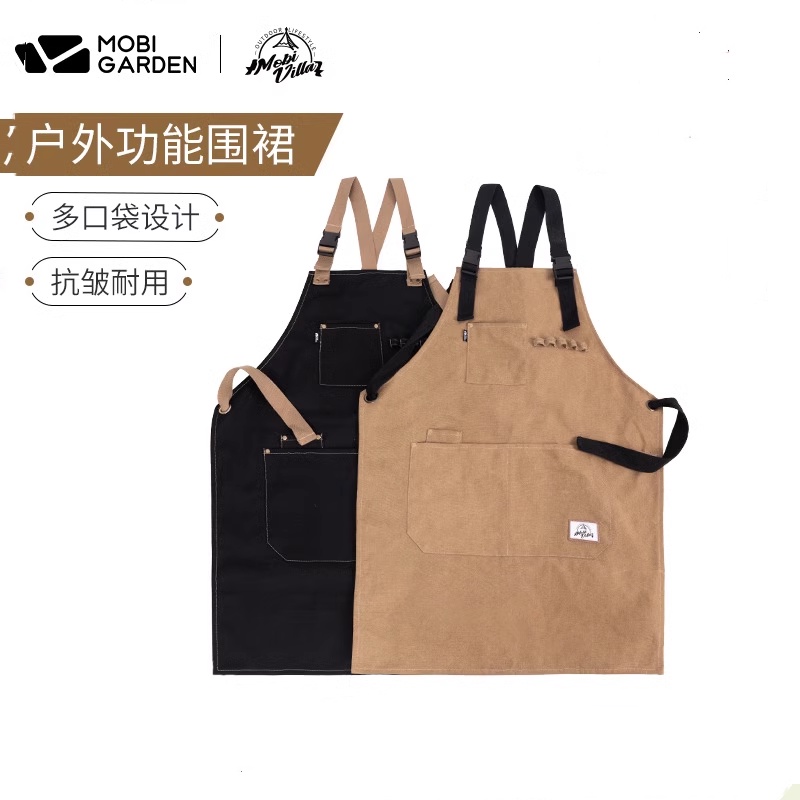 Mobi Garden Camping Cooking Apron Outdoor Barbecue Cotton Canvas Apron Strap Overalls Multifunctional Storage Apron