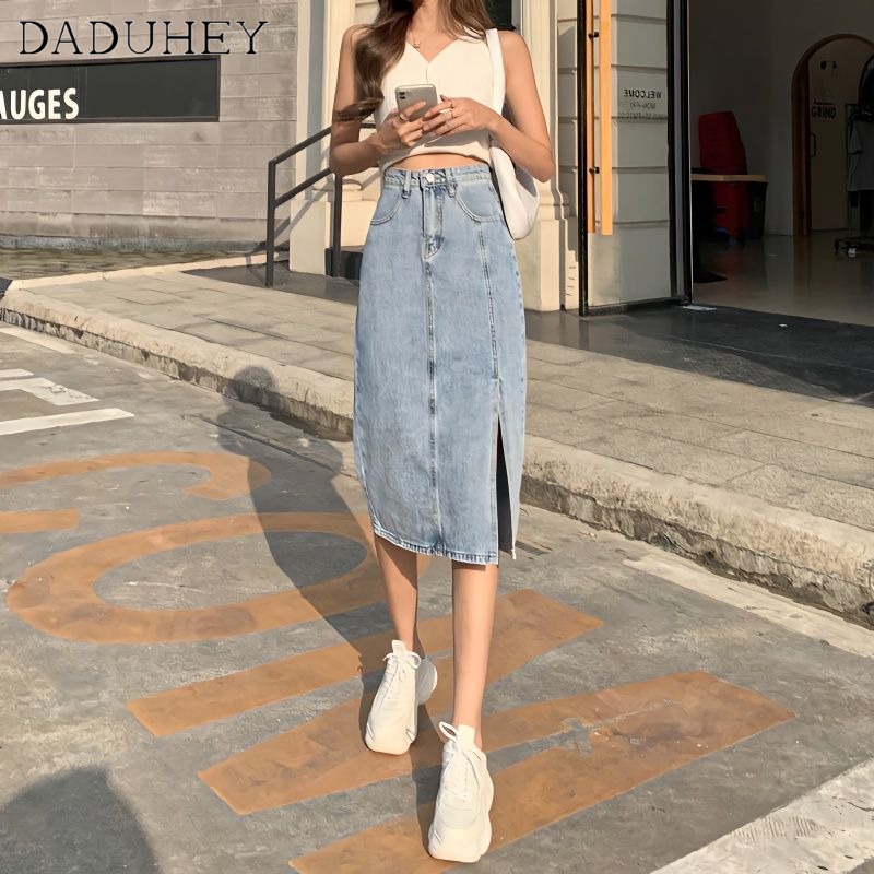 Daduhey baju raya  perempuan  Women's Mid-Length Korean Style Denim Skirt