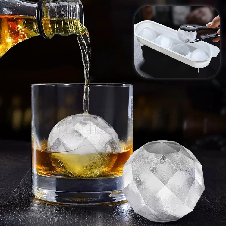 4-Grid 5cm Large Ice Ball Mold Diamond Shape Ice Mould Cocktail Whiskey Ice Ball Maker Kitchen Bar Party Supplies PP Material Ice Cube Tray