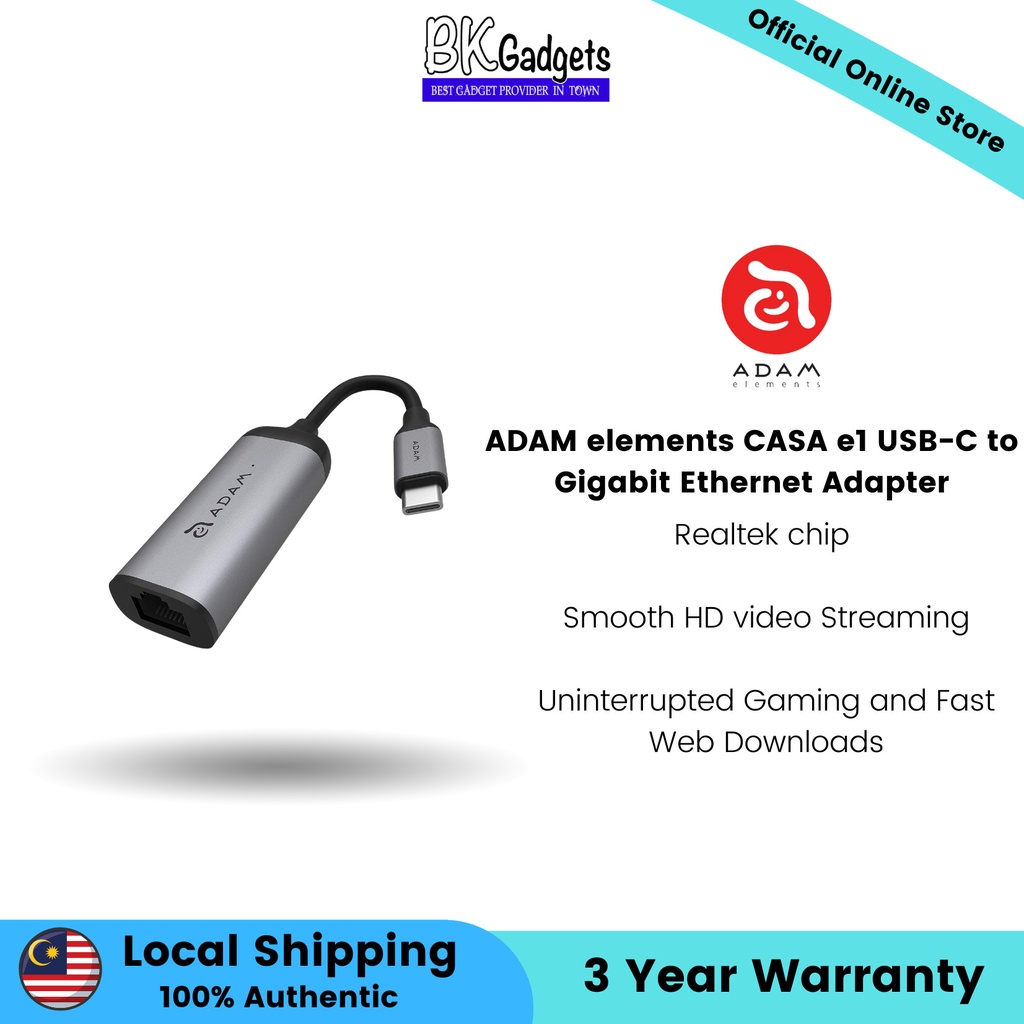 ADAM elements CASA e1 USB-C to Gigabit Ethernet Adapter | Realtek chip | Smooth HD video Streaming | Fast Web Downloads