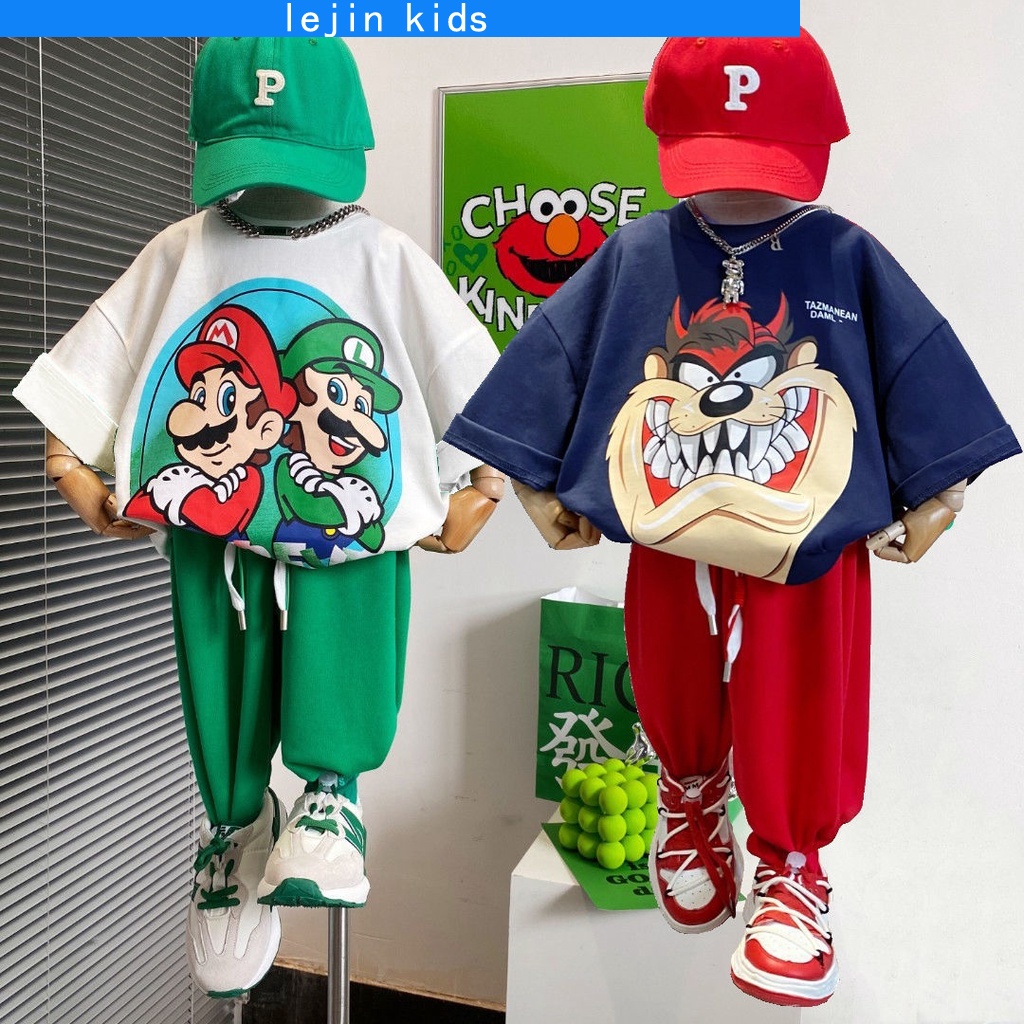 Baju Budak Perempuan 1-10 Y Boys Girls Mario T-Shirt Tops Printed Super Short Sleeve All-Match Cotton Casual Tshirts Trendy Childrens Clothing