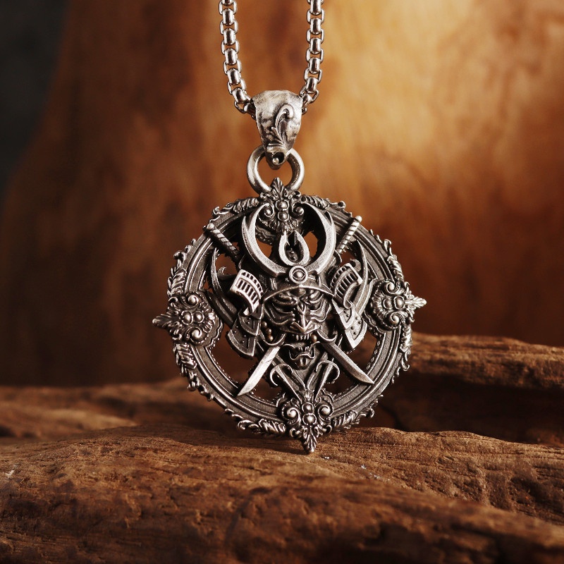 Vintage Gothic Compass Warrior Statue Demon Pendant Benno Necklace for Men Statement Biker Jewelry Punk Jewelry