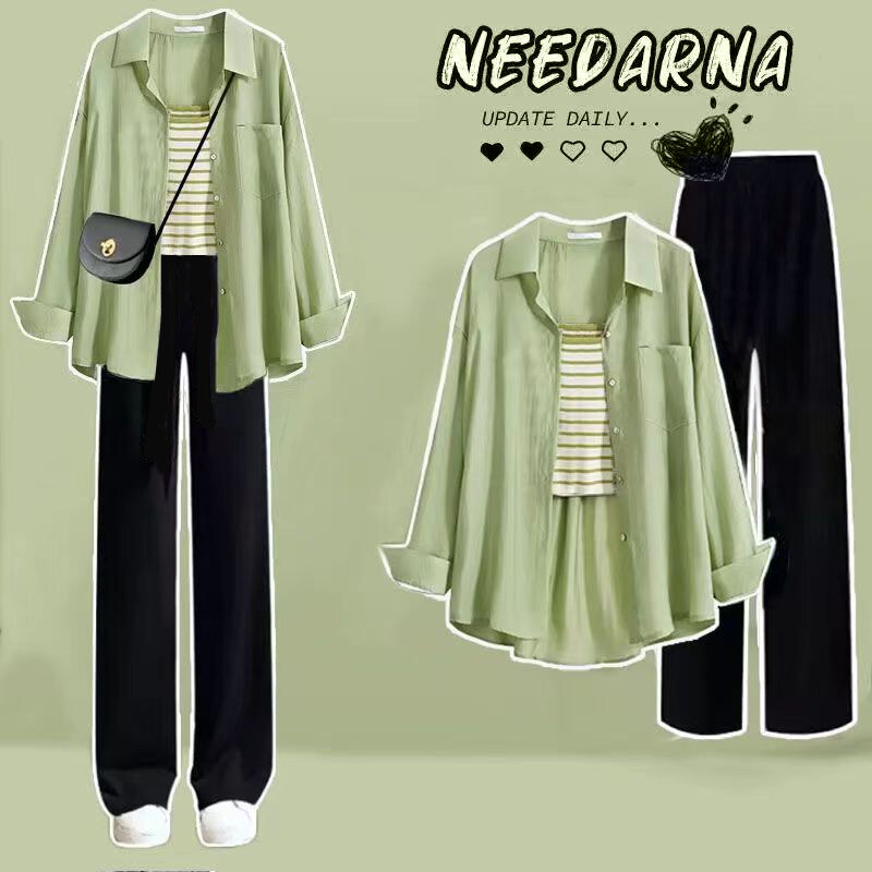 3PCS / Single Set Wear Korean Style Outfits for Women Plain Lapel Collar Blouse Stripe Sling Wide-leg Pants Females Students Set Wear Casual Woman Wear Baju Set Perempuan