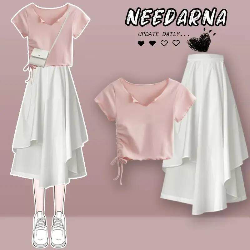 2pcs/single summer fashion wear Korean style outfits for women design short-sleeved crop top shirt all-match skirt with shirt set female's students wear set