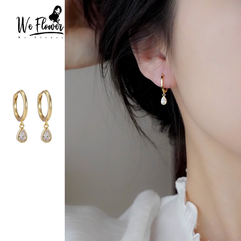 We Flower Classic 14K Gold Waterdrop Shining Zircon Hoop Earrings for Women Girls Elegant Crystal Charm Dangling Earring Hypoallergenic Ear Jewelry Accessories