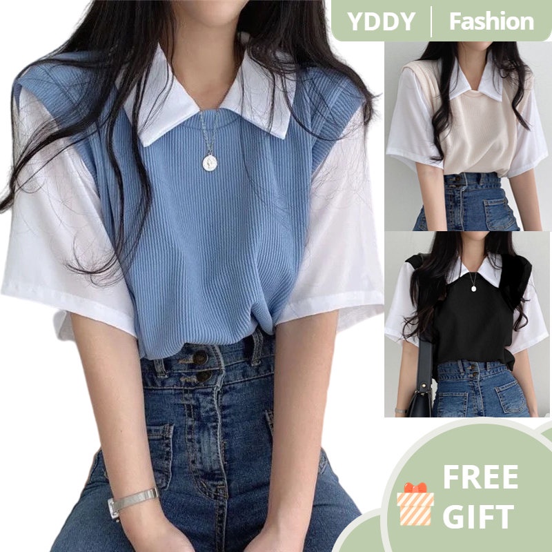 [Yddy] Preppy Style Baju Raya 2023 Summer Contrast Color Polo Collar Fake Two Pieces Short Sleeve T-shirt Female Lazy and Loose Casual All-Matching Tops