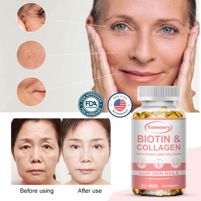 Biotin & Collagen Supplement Protein Support Anti-Aging Formula Strong Nails Shiny Hair Glowing Smooth Skin Vegetarian Capsules