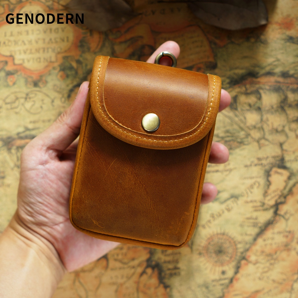 GENODERN Cowhide Small Waist Bag Crazy Horse Leather Coin Purse Men's Mini Key Case Cigarette Bag Retro Waist Hanging Storage Bag