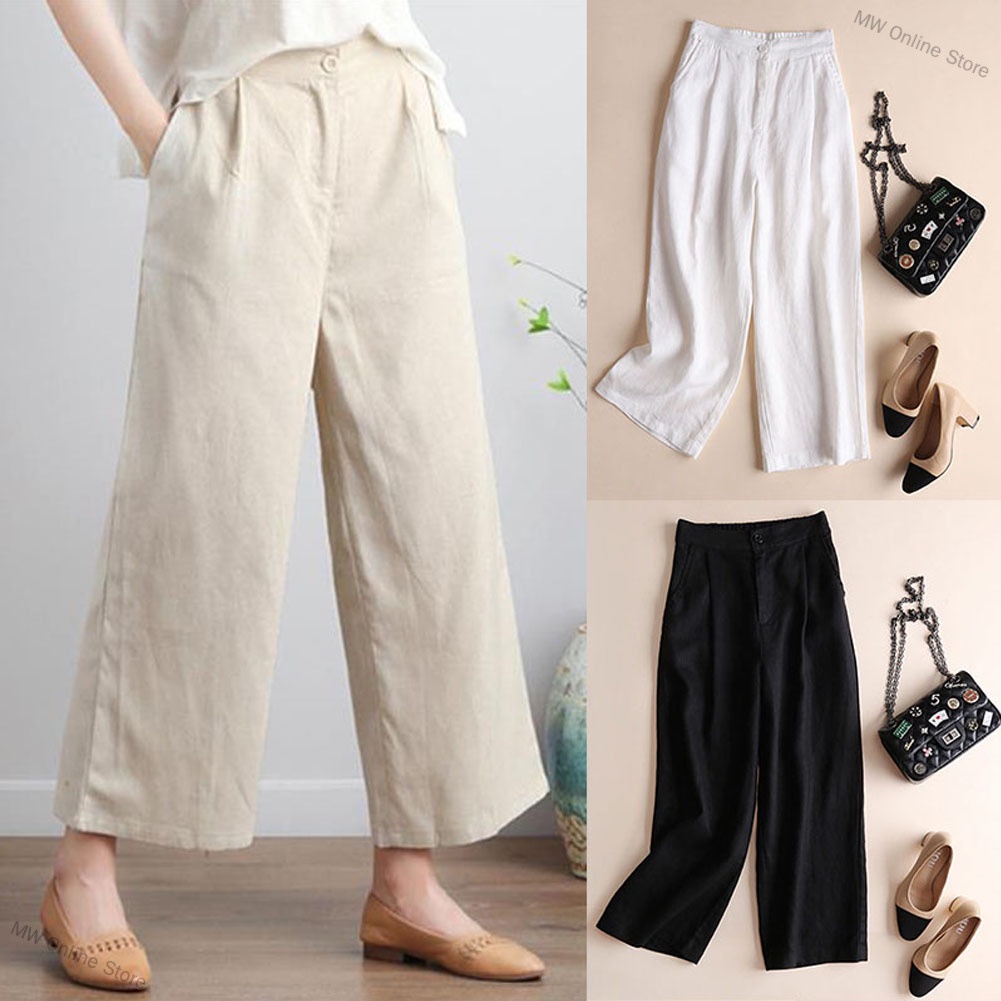 Women Fashion Cotton Linen Solid Color Thin Wide Leg Loose Ninth Pants MW Online Store