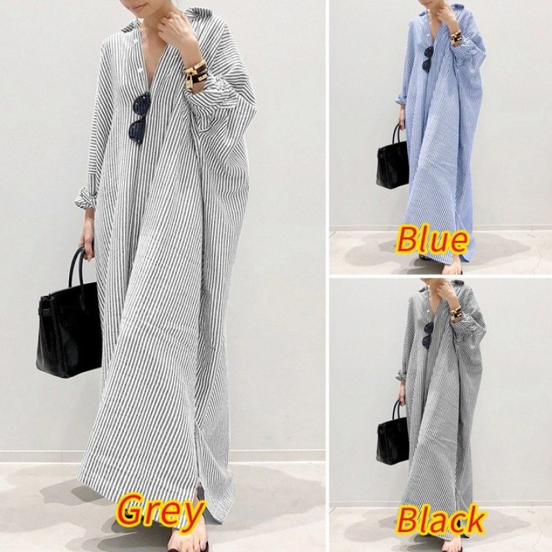 Fashion Women Long Sleeve Button Down Casual Stripe Split Hem Baggy Vintage Long Maxi Dress Cotton Linen-#FASHION-1345