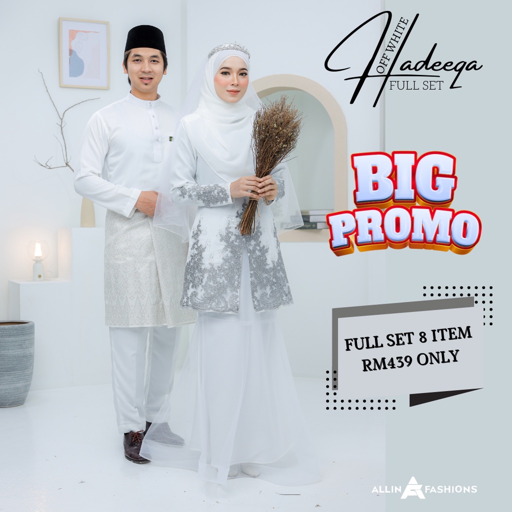 [ 8 ]Baju Kurung Moden Hadeeqa Full Set Busana Pengantin Nikah Tunang Sanding(Off White Grey)