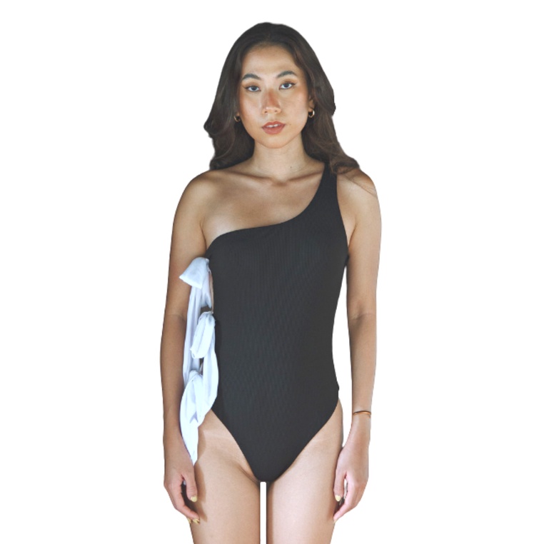 Peyton Monochrome Toga One Shoulder Side Tie Ribbon Swimsuit in Black