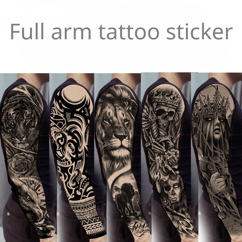 Full Arm Tattoo Sticker Sculpture Animal Skeleton Tiger Lion Flower Owl Body Art Cool Sticker