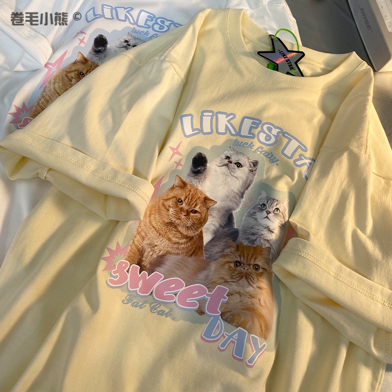 Women Cat Super Cute T-shirt Loose Short Sleeve Sweet Day Fashion Plus Size Shirt Women's Clothing Korean Round Neck Multi Color Soft Comfortable Top