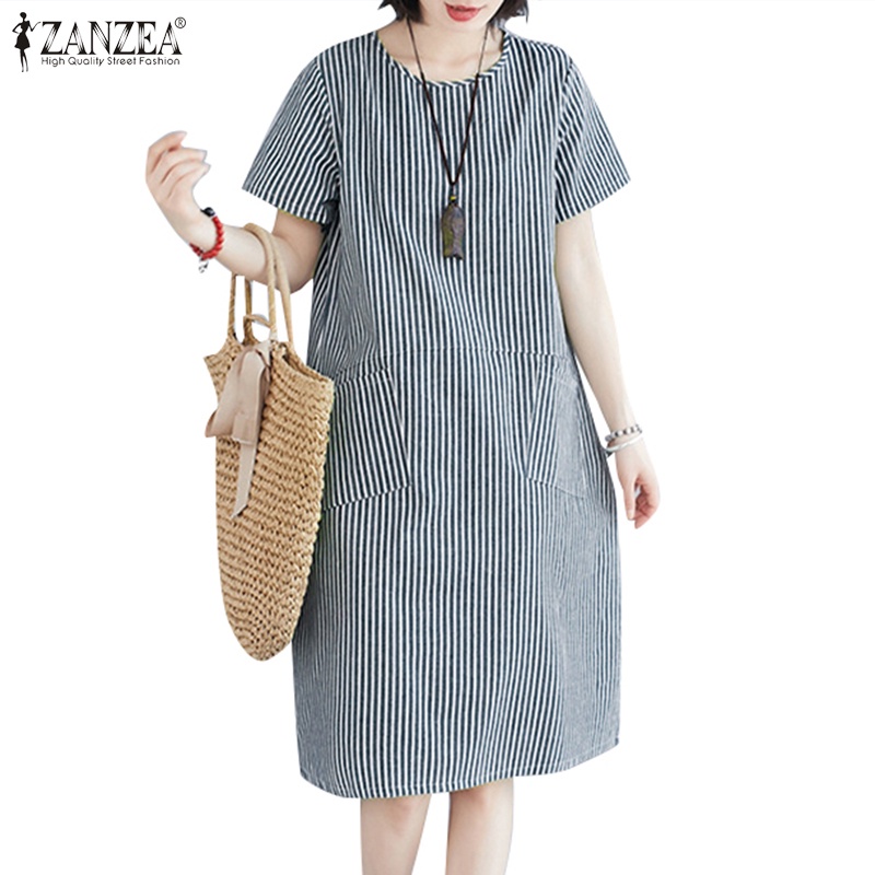 ZANZEA Women Korean Casual Loose Round Neck Short Sleeve Striped Mini Dress