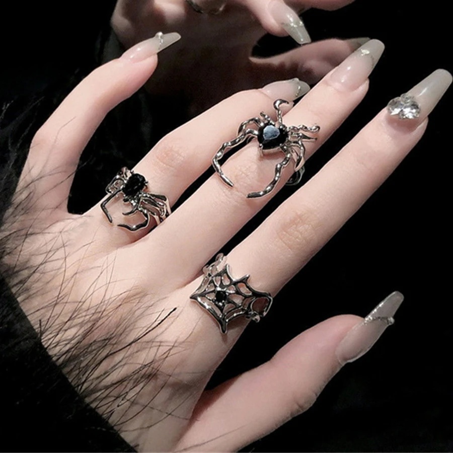 Gothic Irregular Spider Webs Ring / Personality Opening Spider Ring / Punk Dark Animal Black Crystal Rings / Vintage Insect Jewels / Hip Hop Fashion Party Jewelry